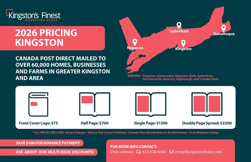 Kingston Finest Magazine 2026 rate card showing pricing for cover logo, half page, single page and double page spread placements across 60,000 homes