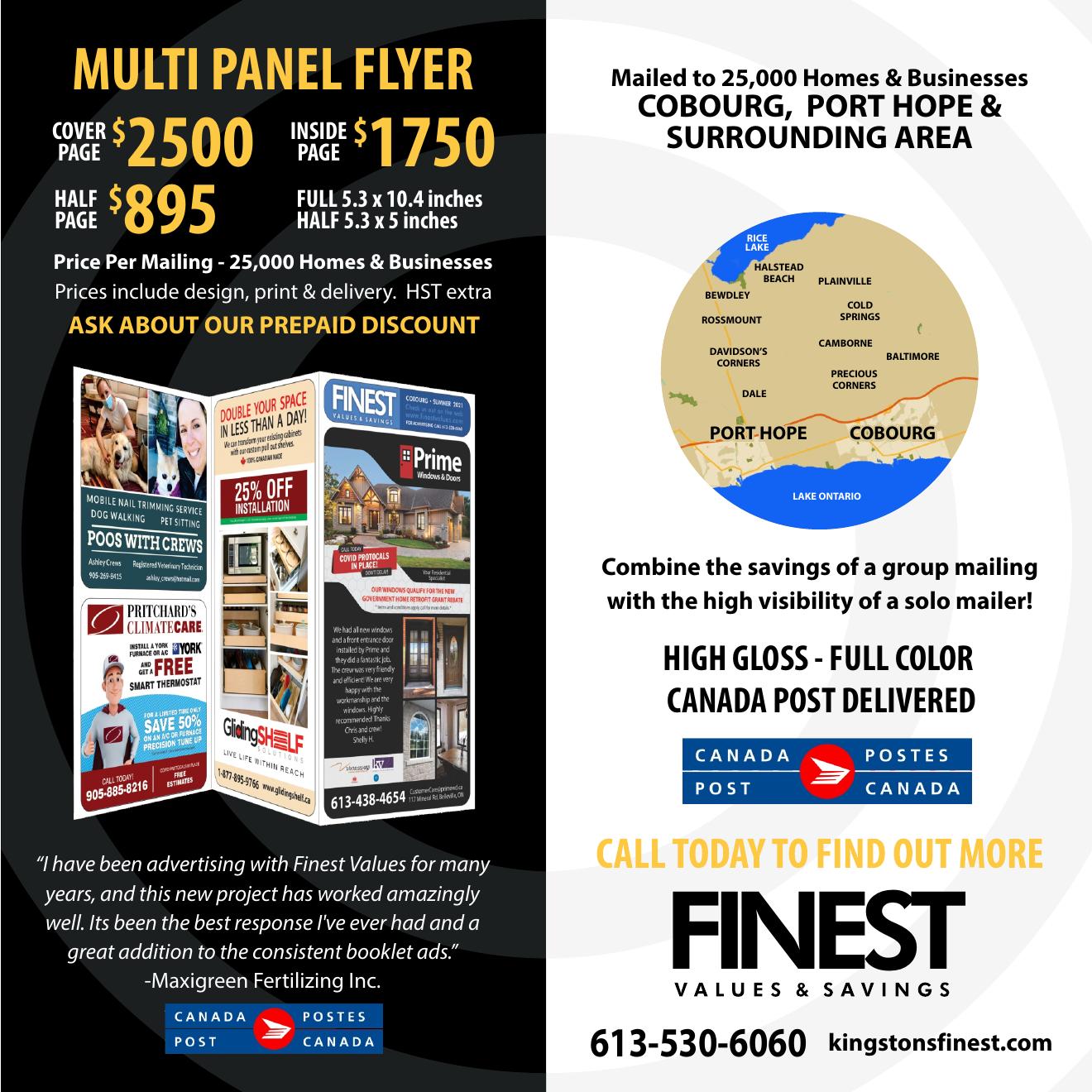 Example of a multi-panel folded flyer with cover, inside and half page advertising rates mailed to 25,000 Cobourg and Port Hope homes
